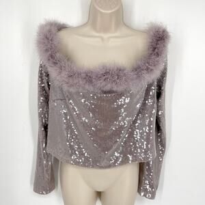 Forever 21 Faux Fur Trim Off Shoulder Sequin Crop Top Sz 3X Lavender Stretch